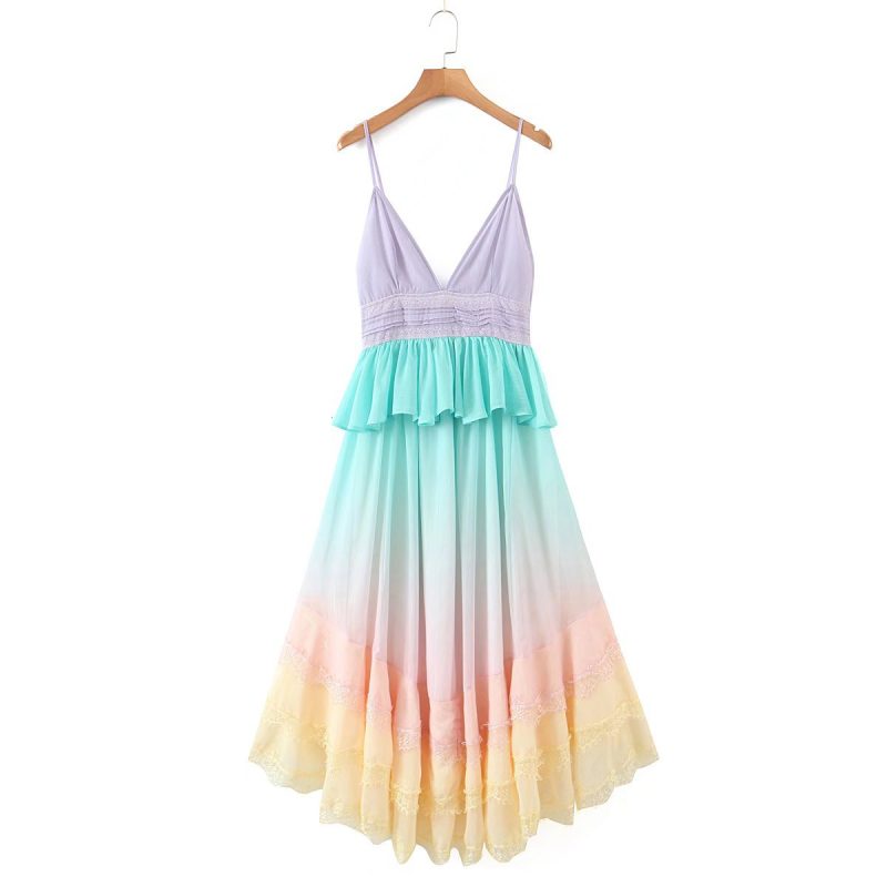 Spring Lace Gradient Cami Dress Ruffled Fitted Waist Backless Maxi Dress - Image 4