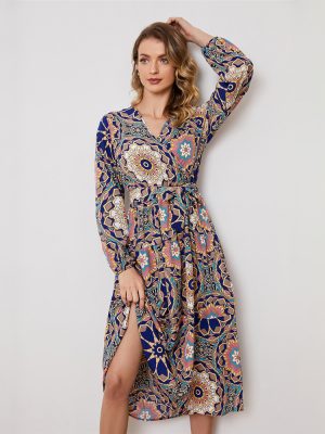 Abstract Holiday Floral Print Lace up Waist Controlled Long Sleeve Dress