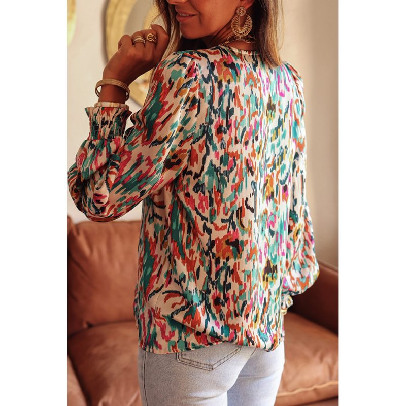 Multi Color V neck Abstract Printing Long Sleeve Pullover Shirt Women - Image 4
