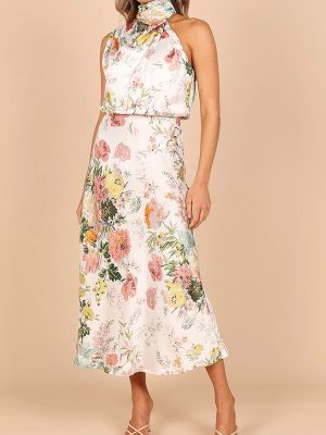 Mature Elegant Women Sleeveless Halter Printed Satin Dress