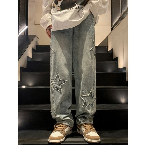 Star Embroidery Straight Casual Men Jeans Gothic Neutral New Wide Leg Loose Hip-hop Fashion - Image 6