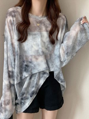 Tie Dye Long Sleeve T-shirts Women Breathable Summer O-neck Design Mesh Sun-proof Loose Tshirts