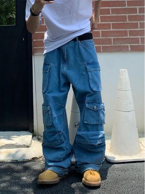 Vintage Multi Pocket Washed Jeans Men and Women Street Loose High Waist Jeans