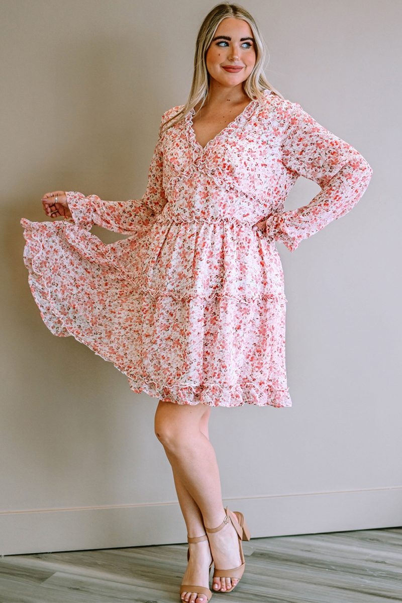 Pink Frilled Tiered Floral Plus Size Dress - Image 5