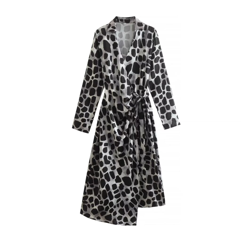 Spring Summer Satin Leopard Print Collared Stomach Blanket Long Sleeve Dress