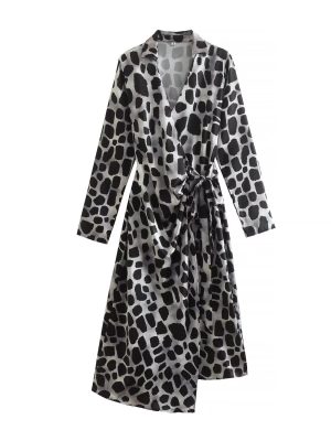 Spring Summer Satin Leopard Print Collared Stomach Blanket Long Sleeve Dress