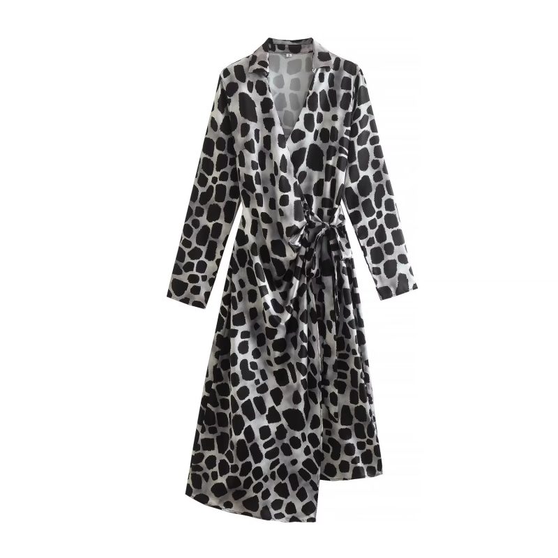 Spring Summer Satin Leopard Print Collared Stomach Blanket Long Sleeve Dress