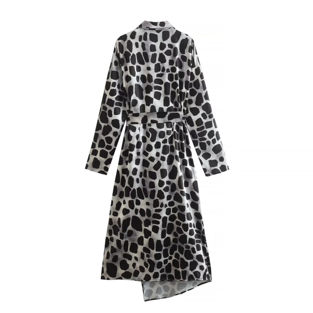 Spring Summer Satin Leopard Print Collared Stomach Blanket Long Sleeve Dress - Image 2
