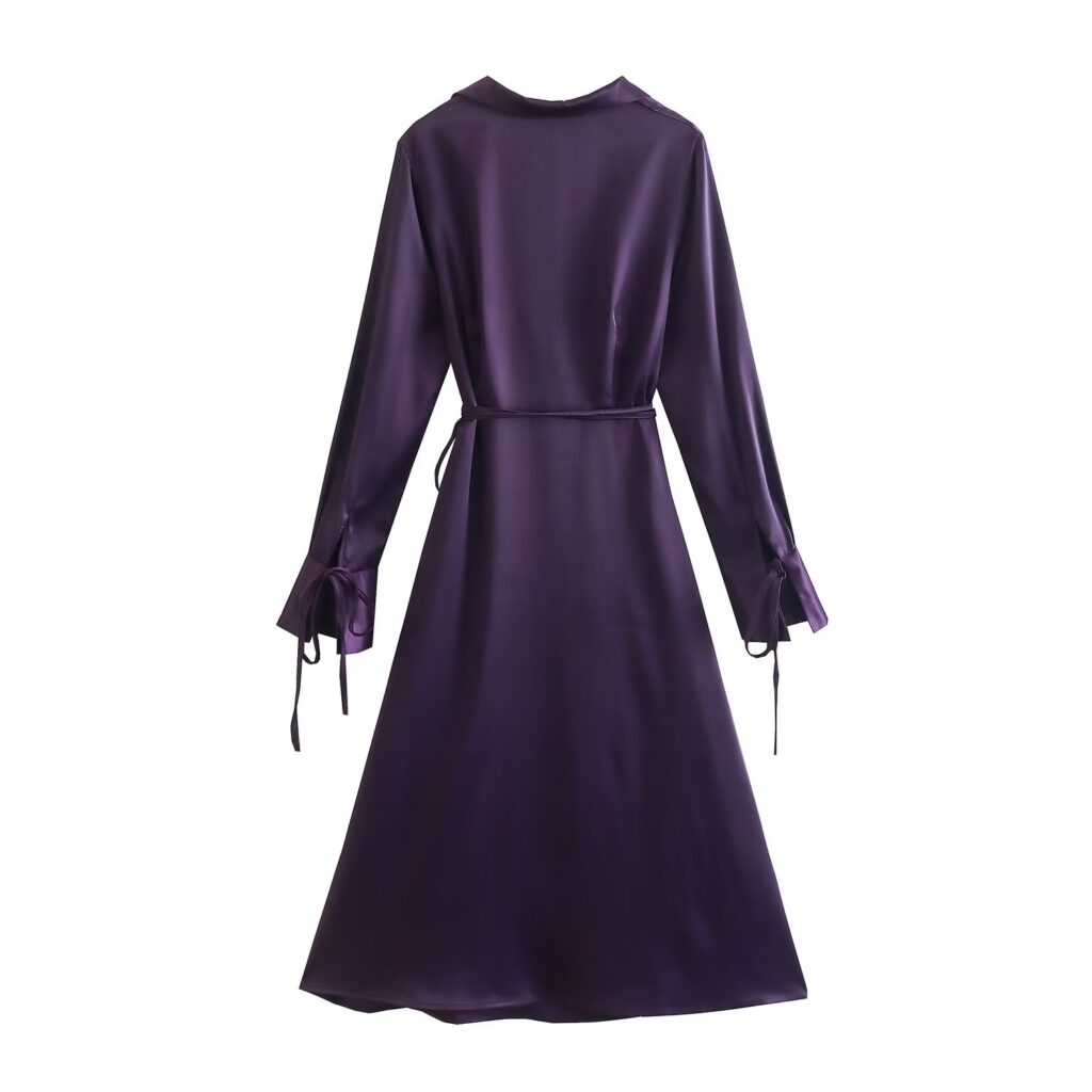 Autumn Women Satin Stomach Blanket Cuff Self Tie Dress Dress - Image 2