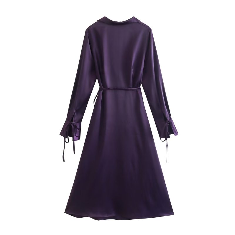 Autumn Women Satin Stomach Blanket Cuff Self Tie Dress Dress - Image 2