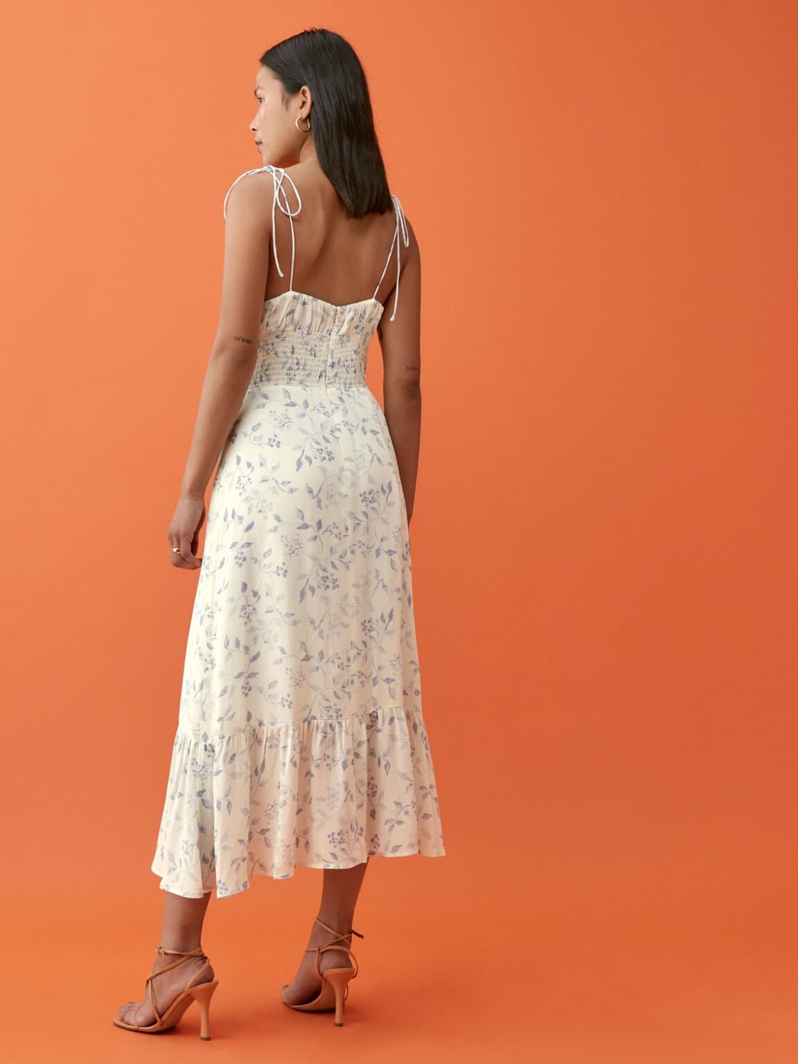 Casual Floral Print Dress Ruffled Neckline Lace up Strap Dress - Image 2