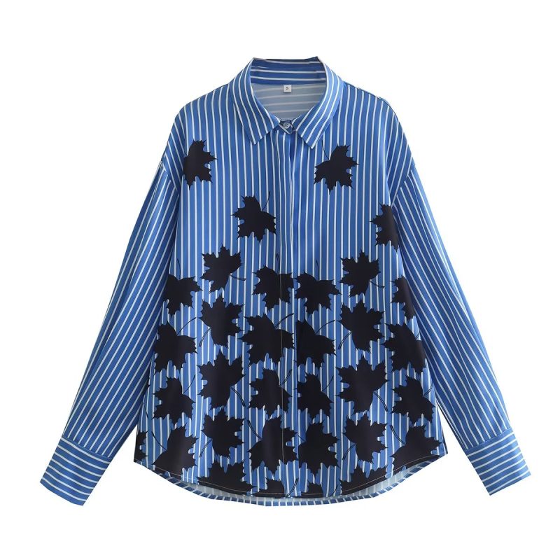 Early Spring Leaf Positioning Printed Shirt Single Breasted Top - Image 2