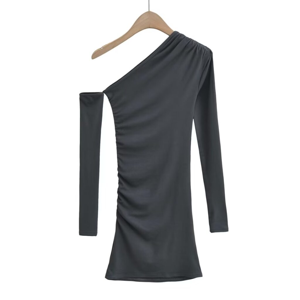 Oblique Shoulder Irregular Asymmetric Skinny Hip dress Women Stretch Solid Color Tight Dress - Image 2