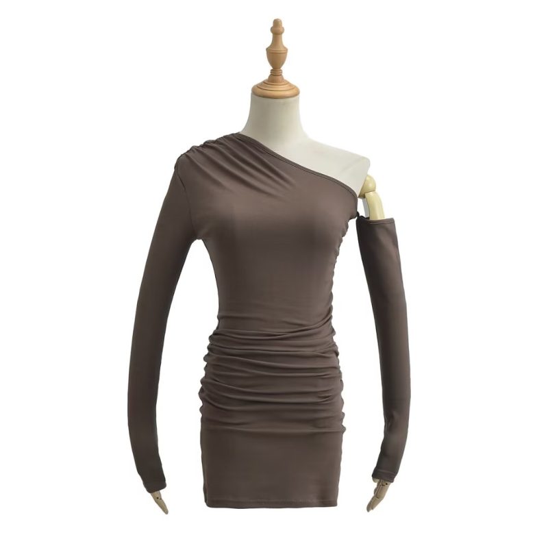 Oblique Shoulder Irregular Asymmetric Skinny Hip dress Women Stretch Solid Color Tight Dress - Image 8