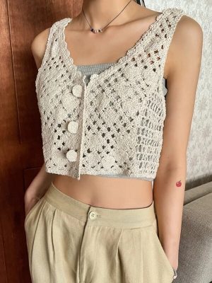 Women Summer Vacation Crochet Solid V Neck Tank Crop Camis