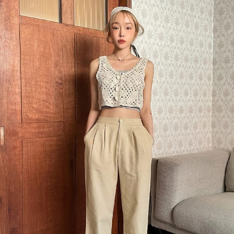 Women Summer Vacation Crochet Solid V Neck Tank Crop Camis - Image 4