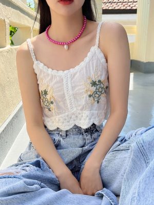 Women Summer Vacation Solid Embroidery Crochet Slim Camis