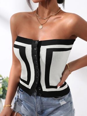 Women Summer Patchwork Rib Sexy Color Block Short Tube Top