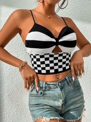 Women Summer Sexy V Neck Black And White Check Short Camis