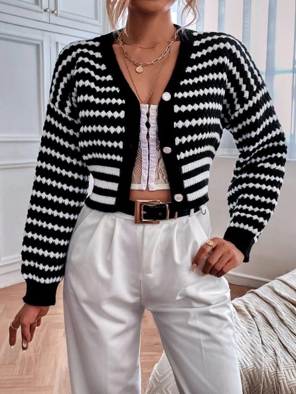 Women Spring Fall Long Sleeve Casual Stripe Short Cardigans