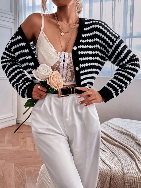 Women Spring Fall Long Sleeve Casual Stripe Short Cardigans - Image 6