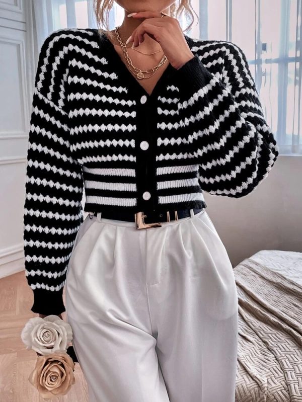 Women Spring Fall Long Sleeve Casual Stripe Short Cardigans - Image 7