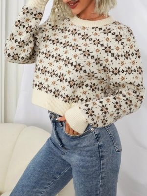 Women Fall Winter Long Sleeve Crew Neck Casual Jacquard Sweater