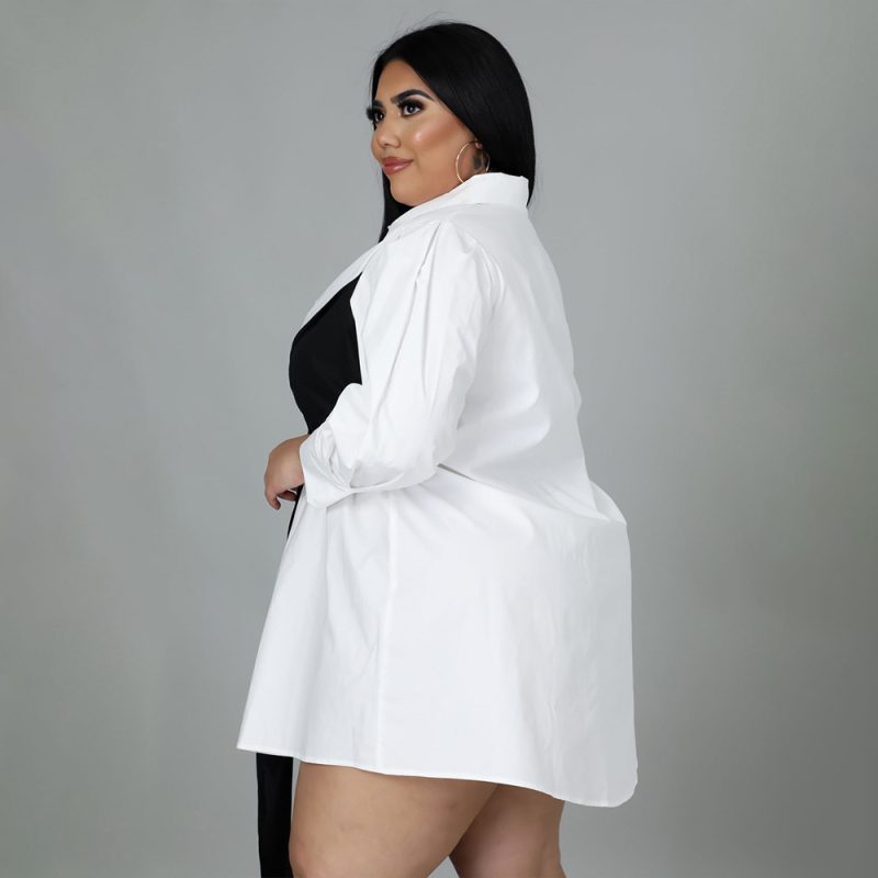 Plus Size Solid Color Stitching Lace up Loose Shirt Dress - Image 2