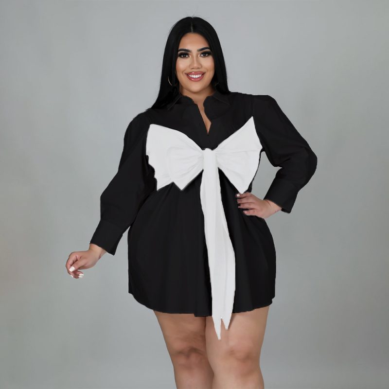 Plus Size Solid Color Stitching Lace up Loose Shirt Dress - Image 4