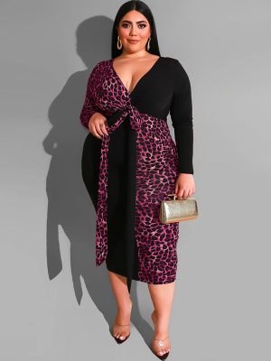 Plus Size Leopard Print Multicolor Printing Deep V Plunge Plunge Sheath Tight with Belt Long Women Dress