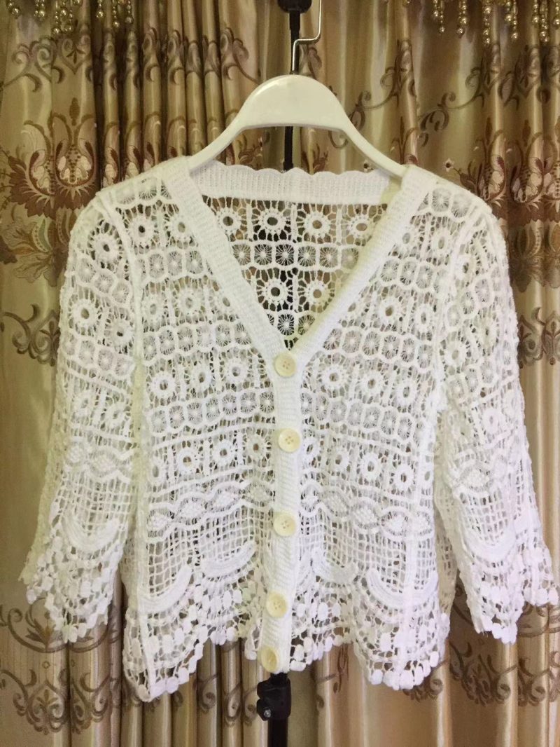 Women Summer Vacation Short Sleeve Solid Crochet Top - Image 5