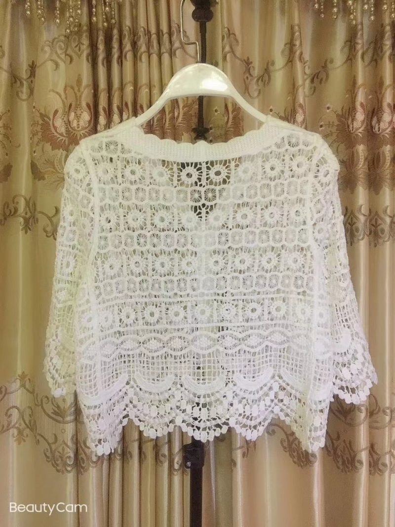 Women Summer Vacation Short Sleeve Solid Crochet Top - Image 7