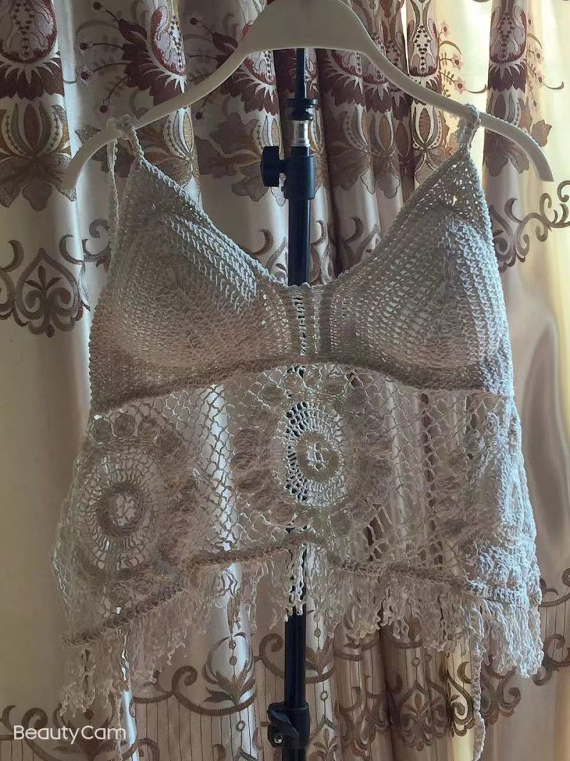 Women Summer Vacation Sleeveless Solid Tie Crochet Fringe Top - Image 6