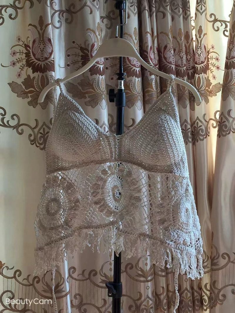 Women Summer Vacation Sleeveless Solid Tie Crochet Fringe Top - Image 7