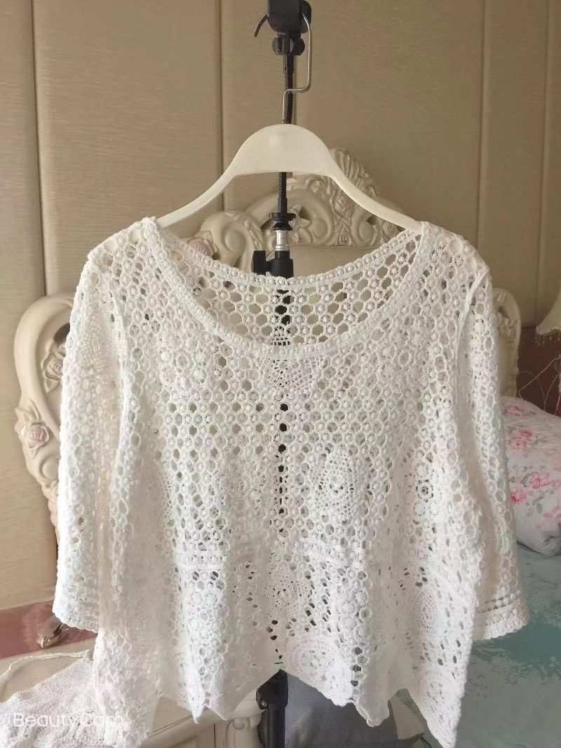 Women Summer Vacation Short Sleeve Solid  Regular Crochet Top - Image 8