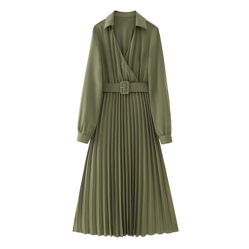 Women Clothing Winter V neck Belt Pleated Dress - Image 2