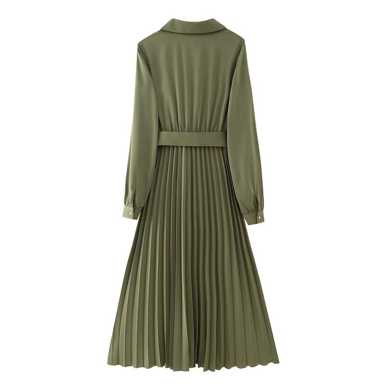 Women Clothing Winter V neck Belt Pleated Dress - Image 3