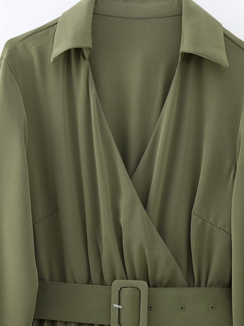Women Clothing Winter V neck Belt Pleated Dress - Image 4