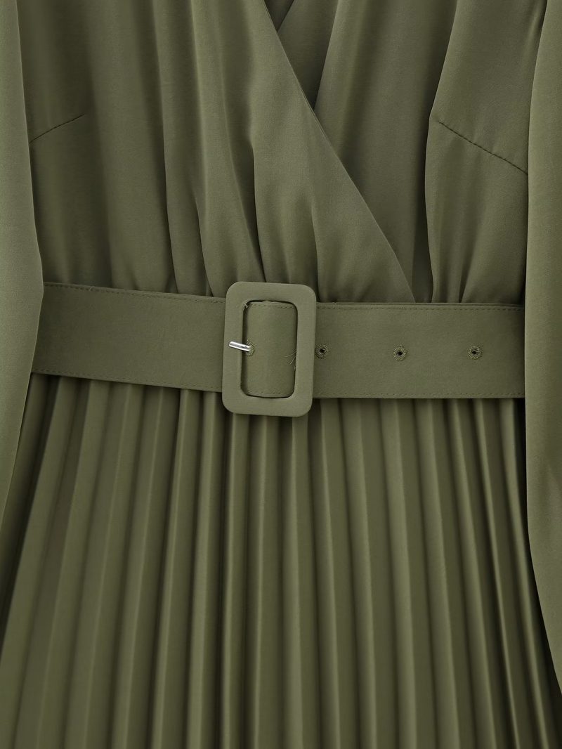Women Clothing Winter V neck Belt Pleated Dress - Image 5