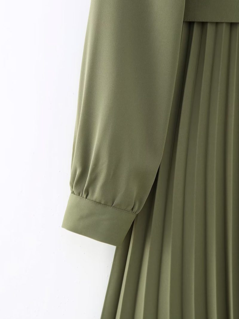 Women Clothing Winter V neck Belt Pleated Dress - Image 6