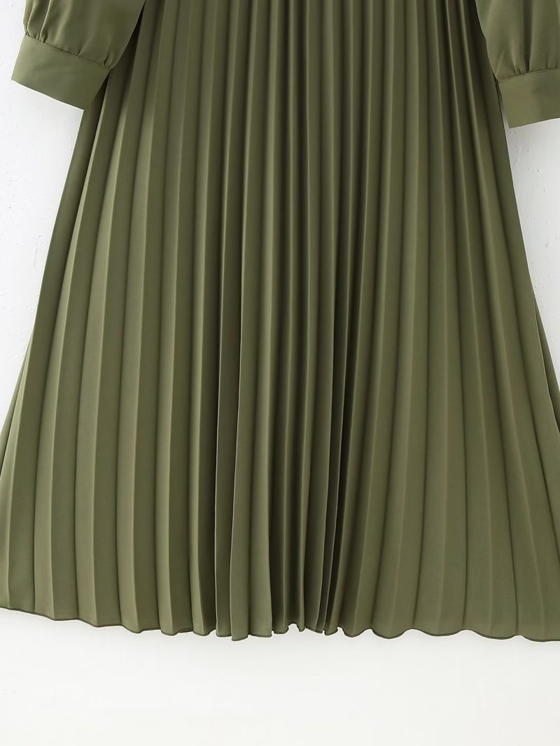 Women Clothing Winter V neck Belt Pleated Dress - Image 8
