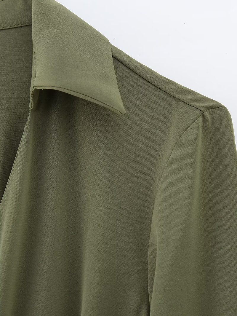 Women Clothing Winter V neck Belt Pleated Dress - Image 10
