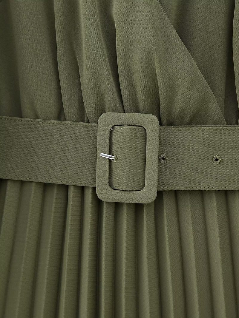 Women Clothing Winter V neck Belt Pleated Dress - Image 11