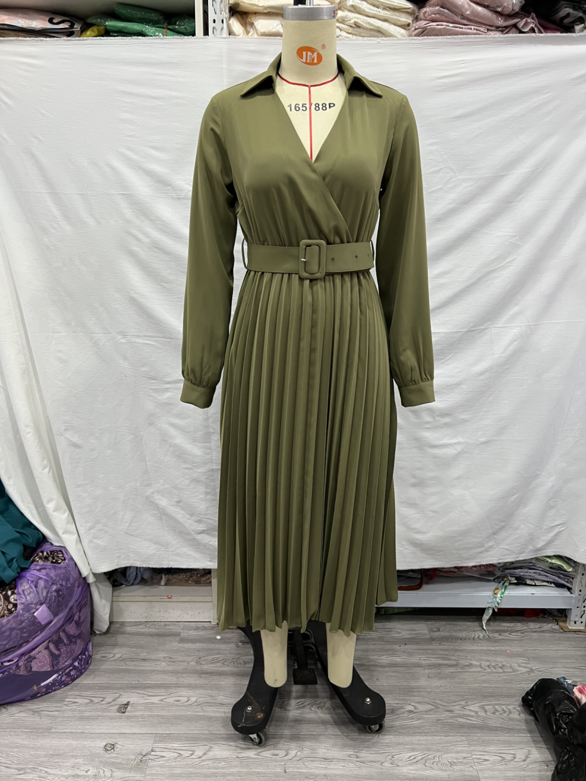 Women Clothing Winter V neck Belt Pleated Dress - Image 14