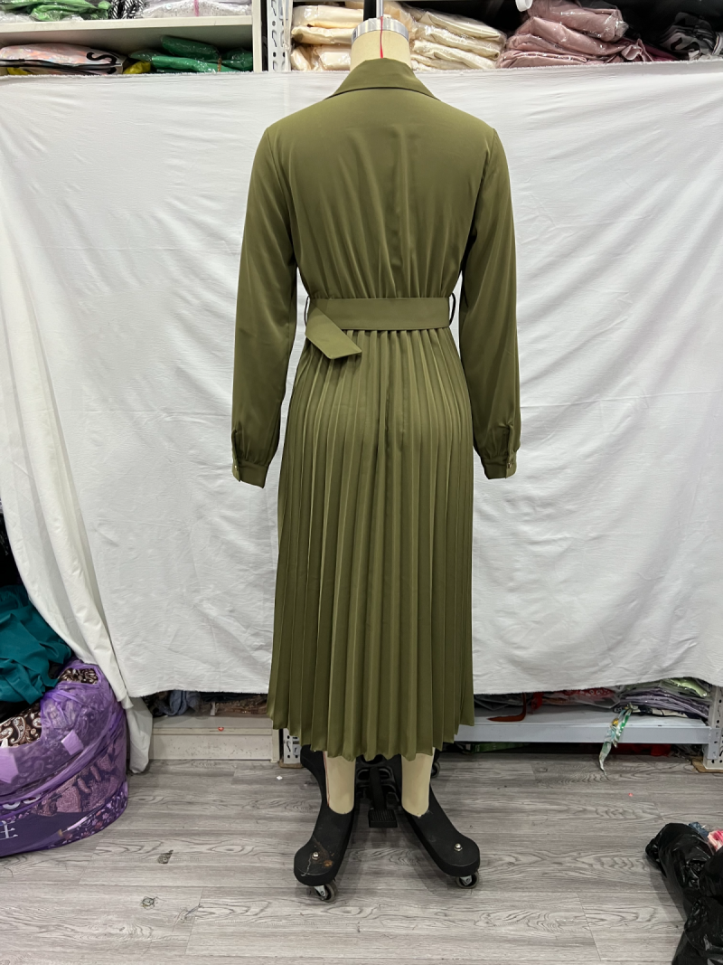 Women Clothing Winter V neck Belt Pleated Dress - Image 15