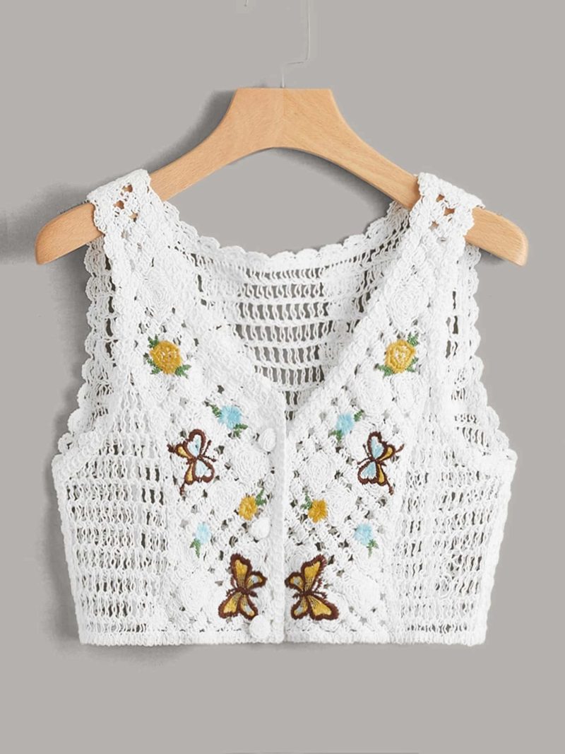 Women Summer Crochet Solid Sleeveless Graphic Vest - Image 3