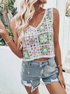 Women Summer Vacation Sleeveless Crochet Floral Crop Top