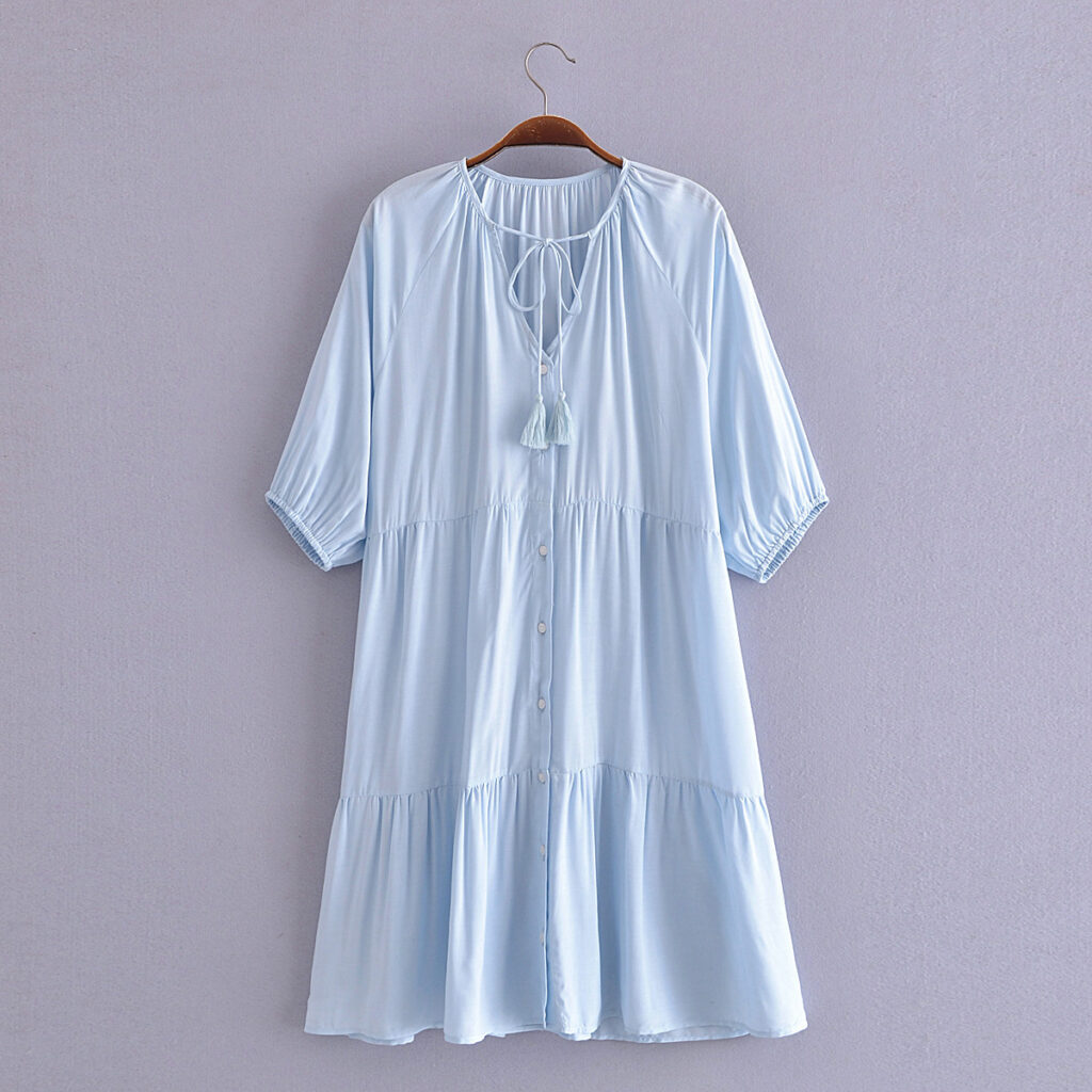 Women Clothing Collared Wide Hem Short Dress Tassel Loose Medium Dress - Image 2