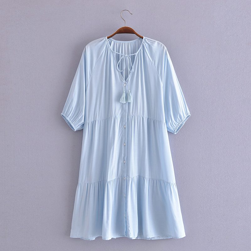Women Clothing Collared Wide Hem Short Dress Tassel Loose Medium Dress - Image 2