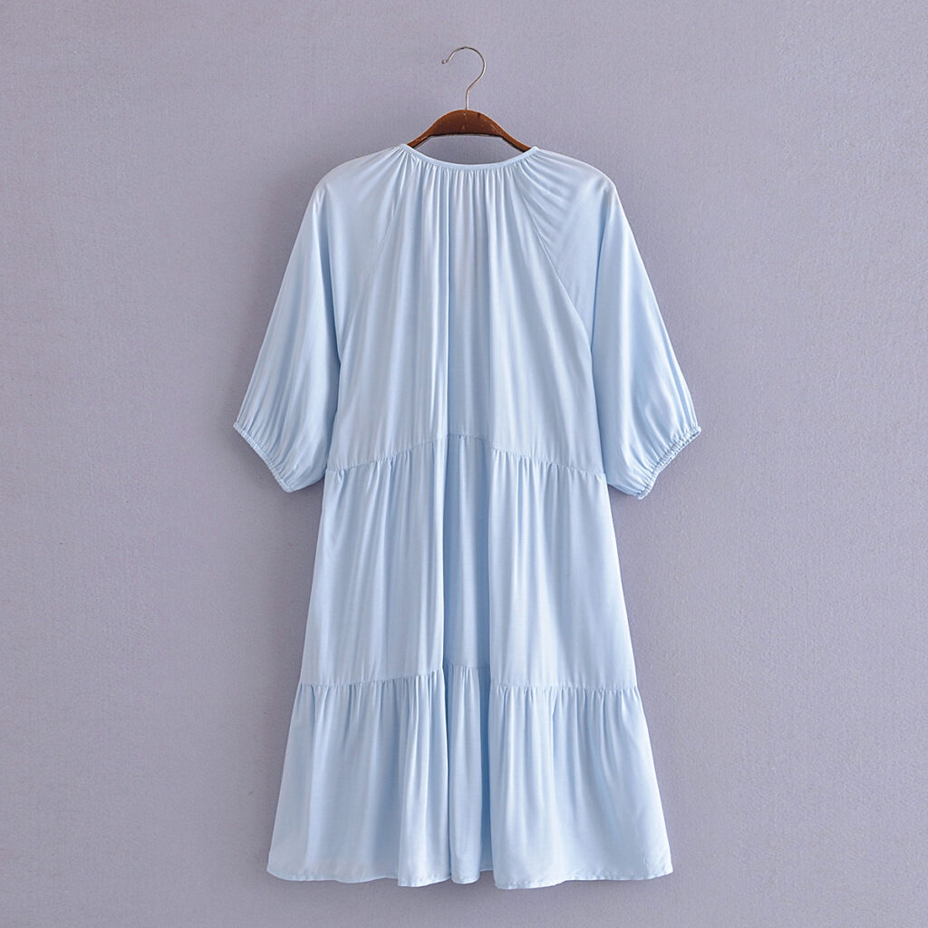 Women Clothing Collared Wide Hem Short Dress Tassel Loose Medium Dress - Image 3
